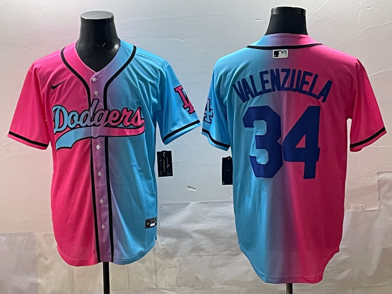 Men's Los Angeles Dodgers Fernando Valenzuela #34 Pink/Blue Jersey